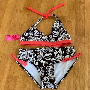 NWT Girls Swimsuit Size 10/12 Pretty Brown White Flowers Peach Summer